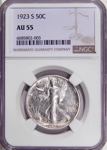 1923-S 50c NGC AU 55 ~ BETTER DATE SILVER WALKING LIBERTY HALF DOLLAR