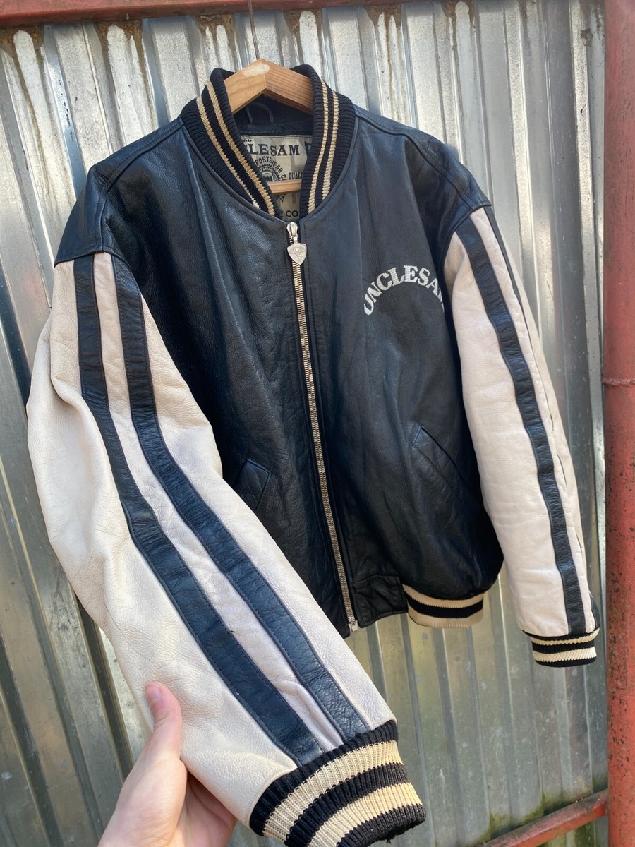 RARE Vintage Bomber Leather Jacket Uncle Sam Boxy Racing RARE Vintage Bomber Leather Jacket Uncle Sam Boxy Racing
