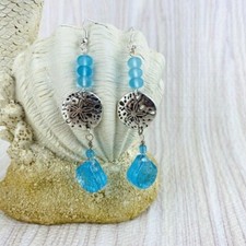 Sand Dollar Sea Glass Blue Dangle Shell Earrings Silver Tone