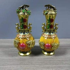 Chinese Copper Inlaid Jade Handmade Exquisite A Pair Vases Statues 80142