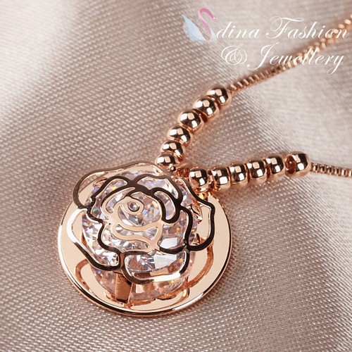 18K Rose Gold Filled Made With SWAROVSKI Crystal Bead Round Rose Flower Necklace - Picture 3 of 5