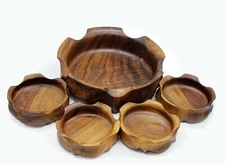 Monkey Pod Wooden Salad Serving Bowl w/ 4 Personal Bowls Set Of 5