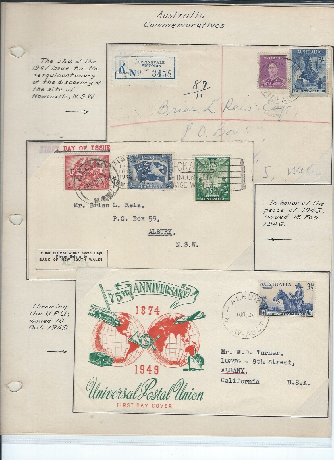 British Comm Australia 3 early Commermorative covers - registered - peace