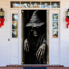 Halloween Door Cover 71X35 Inches Scary Skeleton Wizard Peeking Banner Spooky Fr