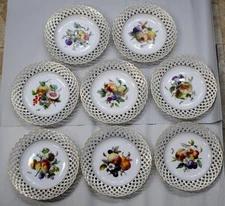 8 KPM Berlin Dessert Cabinet Plates Pierced Border Hand Painted Fruit Decoration