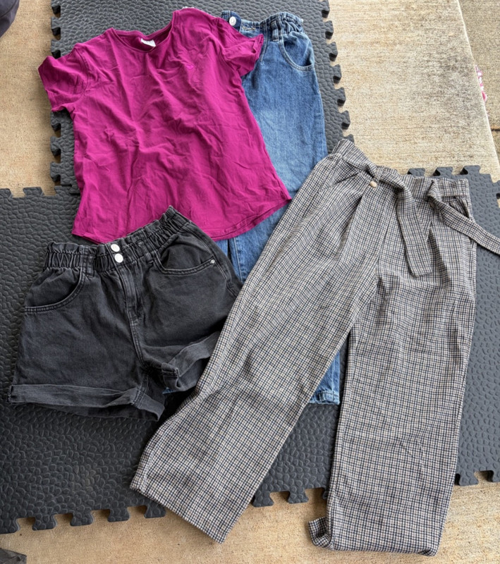 Girls Zara outfit- set of 4- jeans, shorts, plaid elastic pants, shirt- Size 10