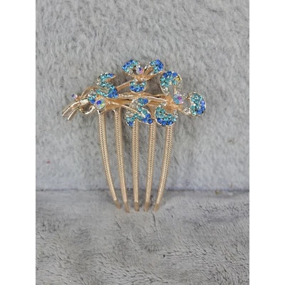 Gold Tone Floral Rhinestone Hair Comb Blue Crystal Bridal  display picture 1