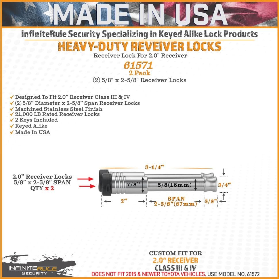 InfiniteRule Security 61571 Receiver Hitch Lock Set (2-Pack) - Keyed Alike, 2" 