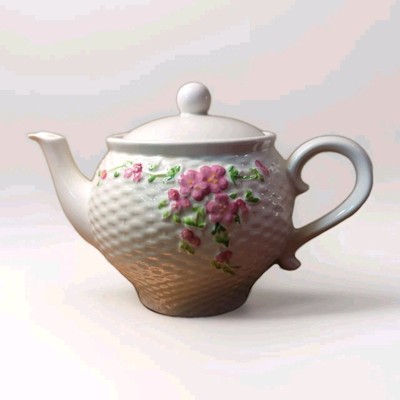 VTG Peony Teapot Wicker Basket Weave Ceramic Pink Spring Green Easter Great Gift