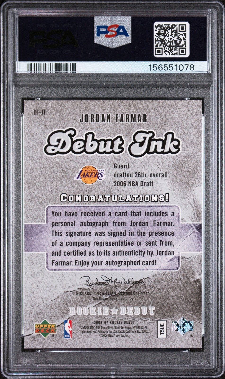 2006 UD ROOKIE DEBUT INK #DI-JF JORDAN FARMAR ROOKIE RC PSA 9 AUTO view 2