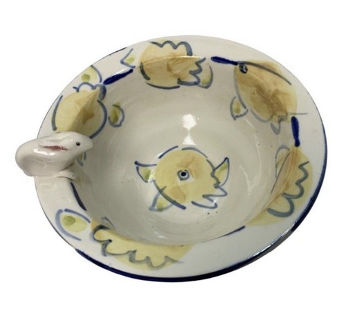 Art Pottery bowl 3D Bunny Rabbit floral Signed 7.25”