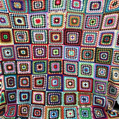 Handmade Queen Blanket Granny Square Multi-Color Crochet Throw 97'' X 107'' Afghan