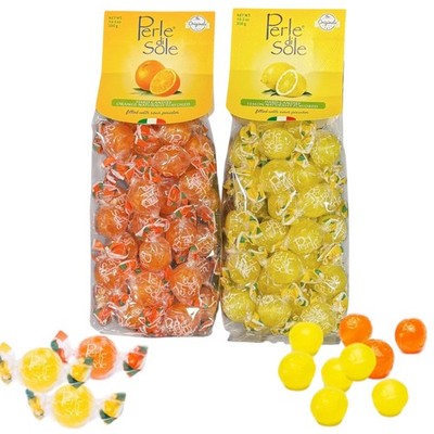 2 Perle di Sole Lemon & Orange HARD CANDY DROPS Wrapped Sour Fill Balls Italy!