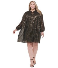 DKNY Womens Metallic Animal Print Chiffon Cocktail Dress, Gold, Plus Size, 22W
