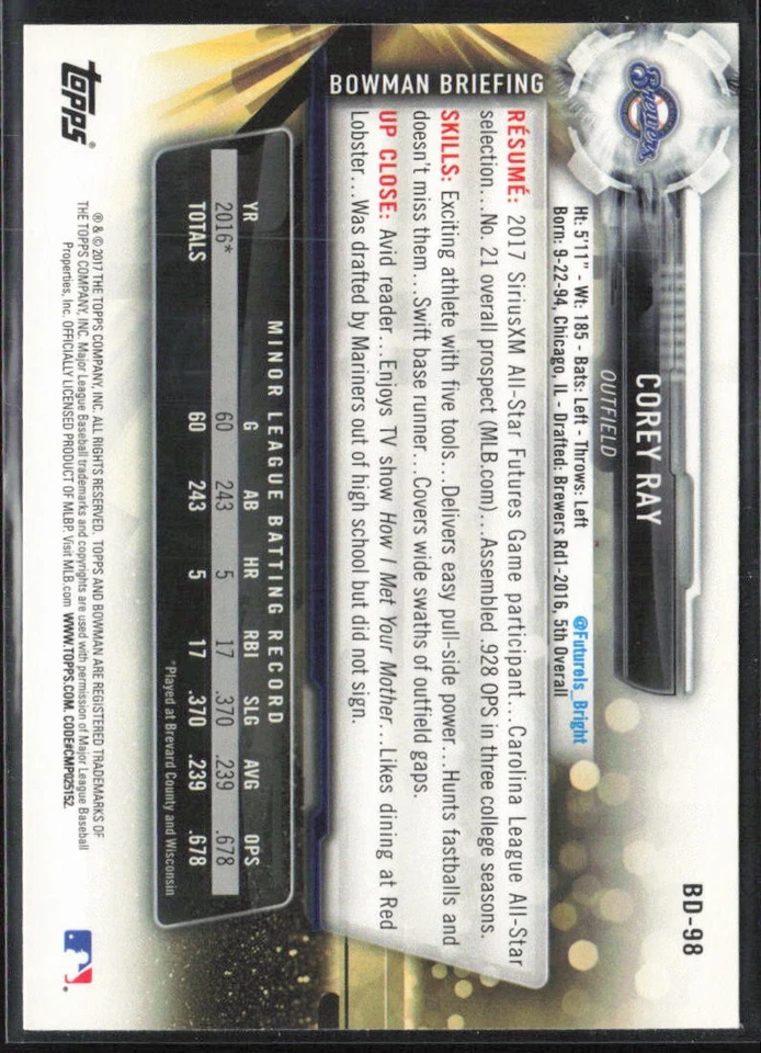 2017 Bowman Draft #BD-98 Corey Ray - Image 2 of 2