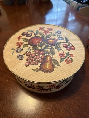 Vintage 1940s Guildcraft New York Fruit Textured Round Sewing Tin Container