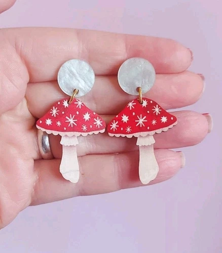 Layla Holzer Earrings Mushroom Toadstools Wood Arcylic UK Handmade Lasercut Star