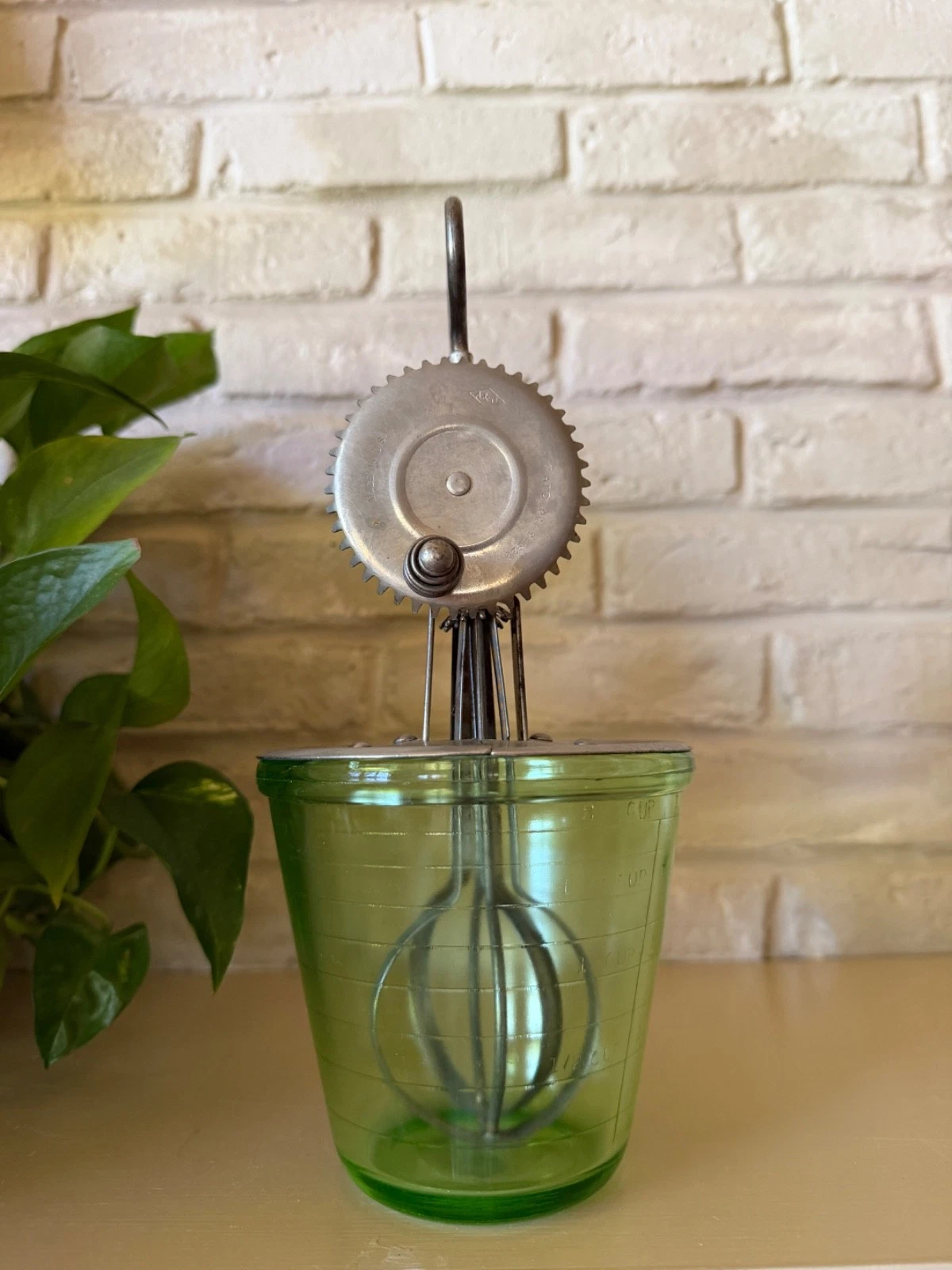 Green UV One Pt Measuring Cup w/ Marked A&J Beater Pat'd Oct. 9,1923. 10”Tall