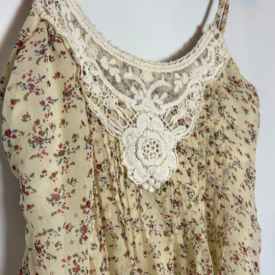 Y2K Floral Cami Sheer Lined Tank Top Ivory Lace Trim Sleeveless Boho Coquette - Image 2 of 4