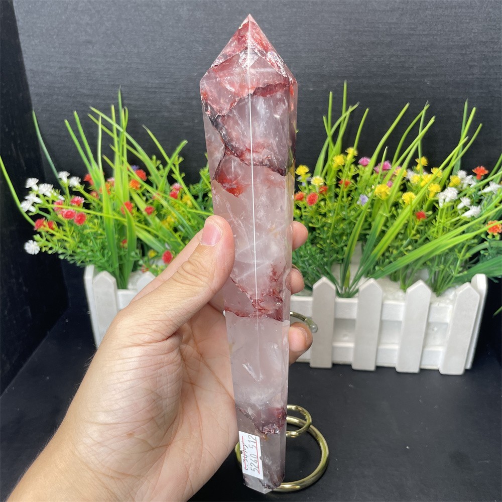 0.7LB 8.4" Natural Red Fire Scepter Obelisk  Point Quartz Crystal Energy Tower