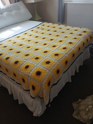 Crocheted Sunflower Granny Square Blanket Spread Throw 54 X 70