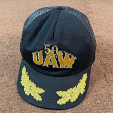 Vintage UAW 50th Anniversary Trucker Hat Black Gold Scrambled Eggs Made in USA