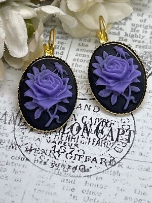 Gold Purple & Black Gothic Rose Wedding Anniversary Earrings Cameo Birthday
