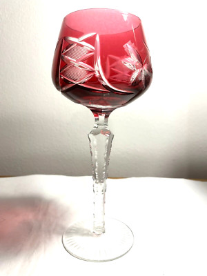 Bohemian? red cut to clear crystal wine goblet glass 8'' tall