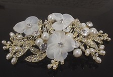 Vintage gold tone hair comb bridal wedding rhinestone with lace flowers ha305130