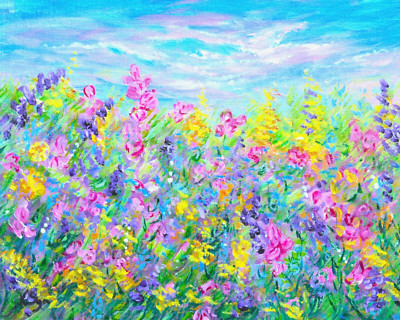 ACEO Artist Trading Card PRINT Flower Field Art  (2.5'' x 3.5'') Signed by Artist
