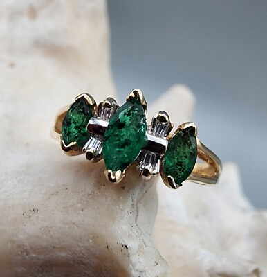 10k .417 Gold Emerald Trinity Natural  Earth Diamond Sz 5.5 Ring Au 24213