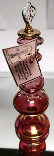 Egyptian Hand Blown & Etched Cranberry Red W/24 KT Gold Gild Perfume Bottle