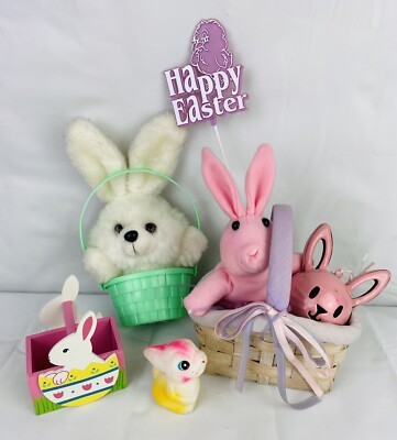Vintage Easter Decor Lot Plastic Wicker Wood Bunny Rabbit Pick Bell Flocked