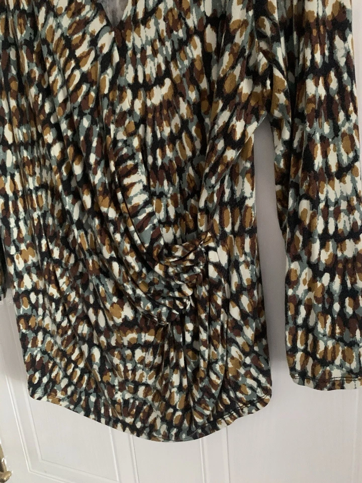 Farhi длинным рукавом желтый коричневый белый печать блузка размер Великобритании 14 большой эластичной GC - Изображение 3 из 4