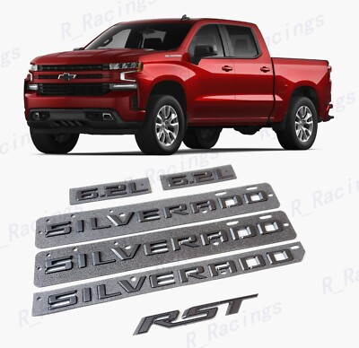 6PCS Fender Rear Matte Black Silverado RST Hood 6.2L Emblem 2019-2022 Silverado