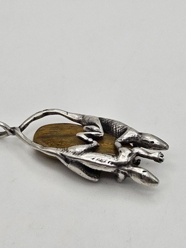 Vintage Modernist Sterling Silver Lizard Tiger's Eye Pendant - Picture 2 of 13