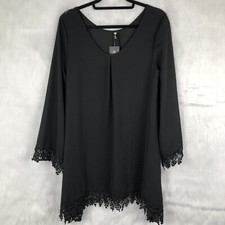 Ou Mei Feng Size Medium Shift Dress Black Lace Bell Sleeve Scoop Neck Coverup