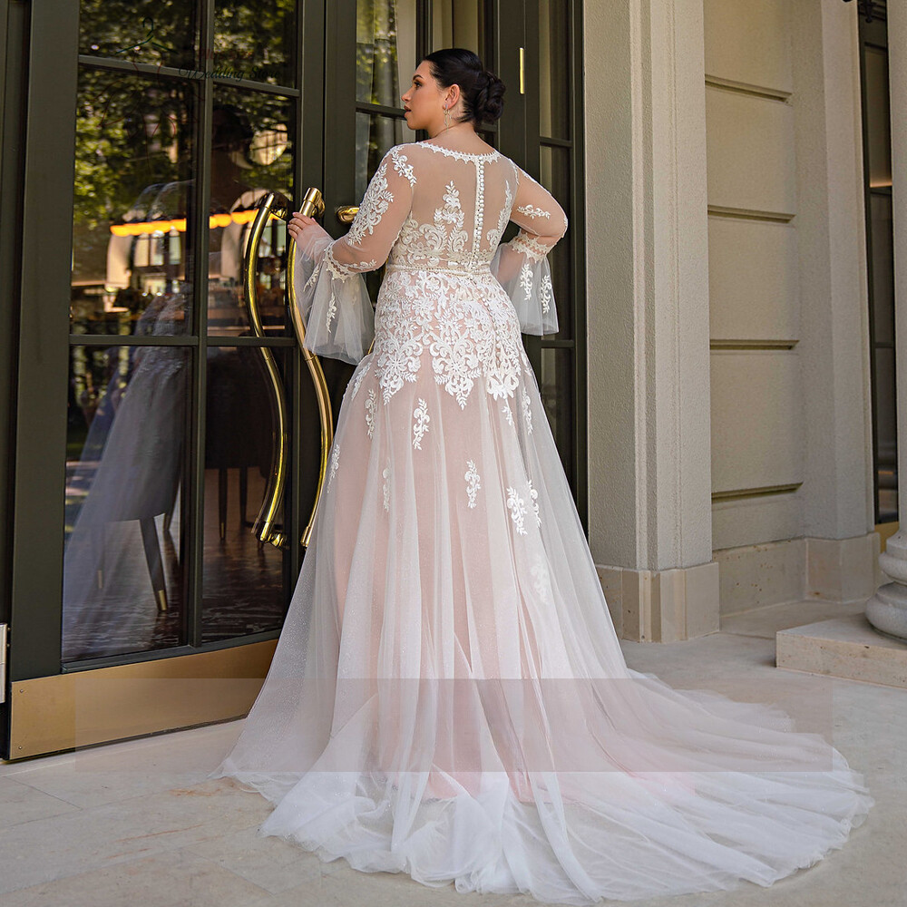 Wedding Gowns Designer Shift Dresses With Sleeves Plus Size Wedding Dresses  V Neck Long Sleeves Illusion