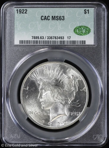 1922-P $1 Peace Silver Dollar CAC MS 63 | Uncirculated UNC