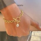 Genuine Freshwater Pearl Gold Texture Round Link Brass Chain Toggle Bracelet