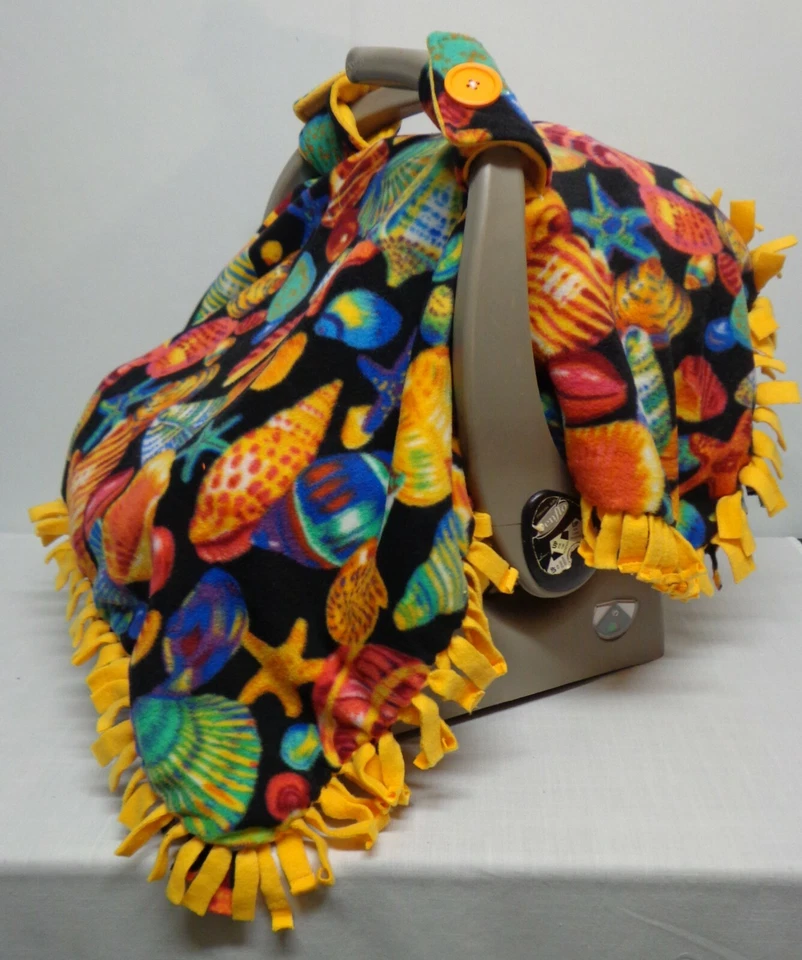 Rainbow Shells / Yellow Fleece Infant/ Baby Car Seat Canopy/ Tent/Cover Handmade - Image 3 of 4