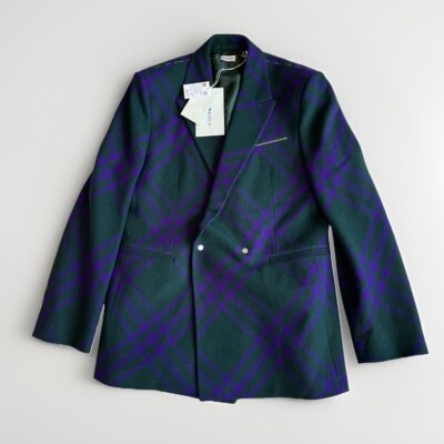Burberry Wool Deep Royal Check Green Purple Double Breasted Coat