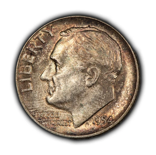1954 10c Roosevelt Silver Dime - Neon Reverse Toning - BU - SKU-Y5573
