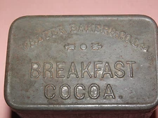 VINTAGE WALTER BAKER & CO LTD BREAKFAST COCOA EMBOSSED METAL TIN