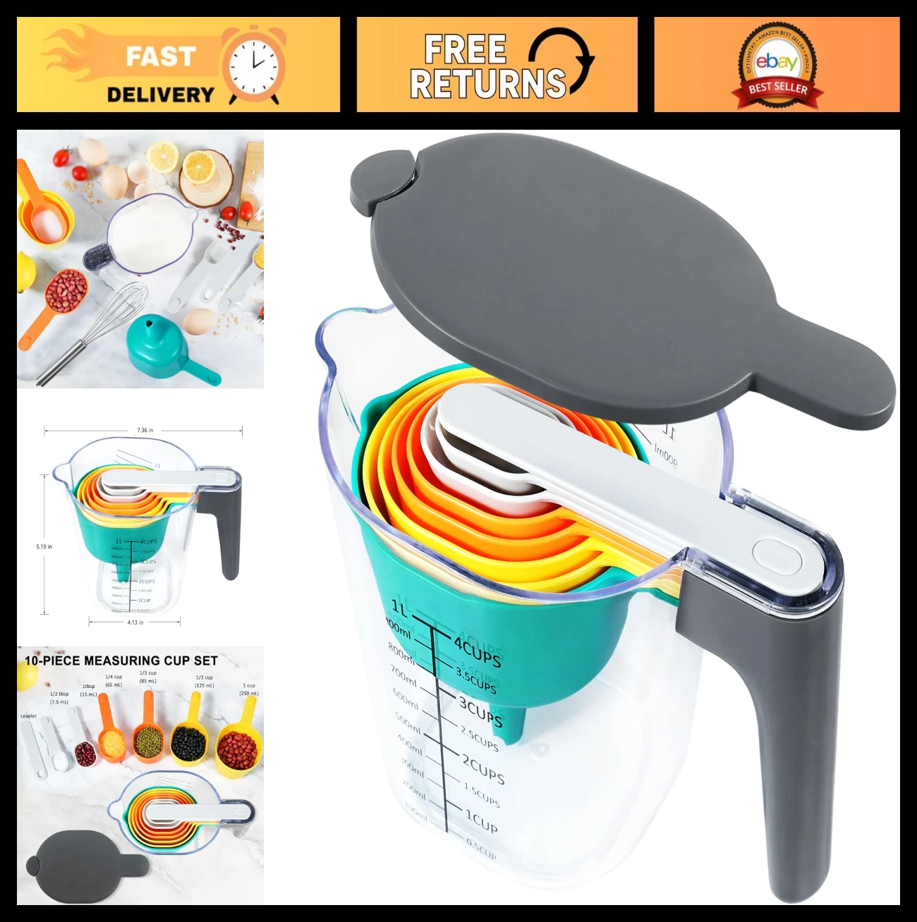 10-Piece Measuring Cups & Spoons Set, Stackable with Lid, BPA-Free, Dishwasher S