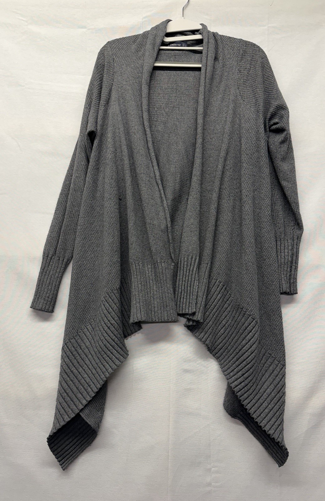 Zara Open Front Neutral Gray Waterfall Knit Cardigan Sweater Medium L