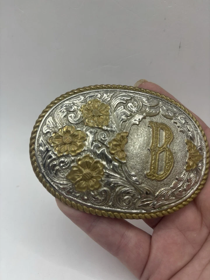 VTG  Crumrine Western Belt Buckle Monogram Letter B Silver Gold  Belt Buckle - Image 4 of 4