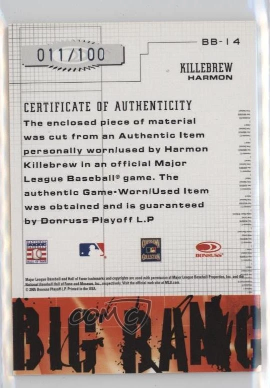 2005 Donruss Leather & Lumber Big Bang Jerseys /100 Harmon Killebrew #BB-14 HOF - Image 2 of 2
