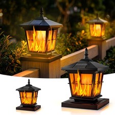 Paquete de 2 luces de poste de llama solar para exteriores, luces de tapa de poste de valla de llama parpadeantes