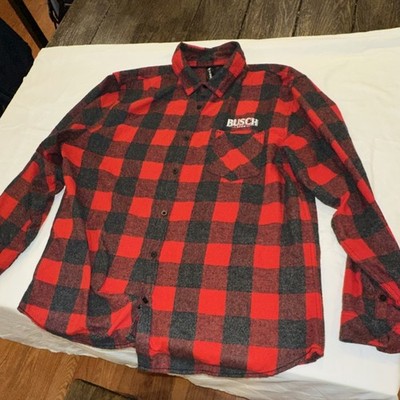 Burnside Men's Red Black Plaid Flannel Long Sleeve Button-Up Busch Beer Shirt